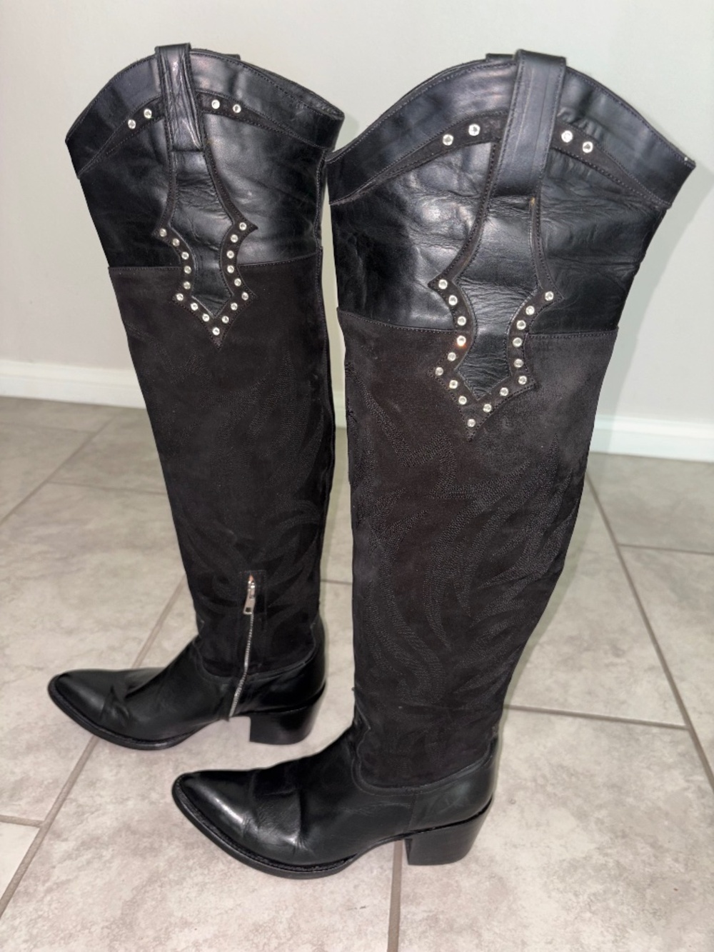 VINTAGE RARE!! OLD GRINGO Black Leather Suede Over Knee Crystal Western Boot 8 - Picture 2 of 15